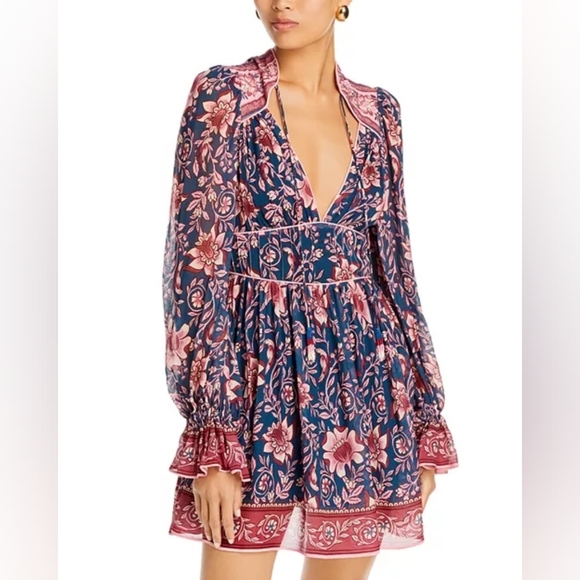 Farm Rio Ainika Bell Cuff Dress Sz XS Armor Shoulders Tasseled Tie Floral Flowy - Picture 3 of 16